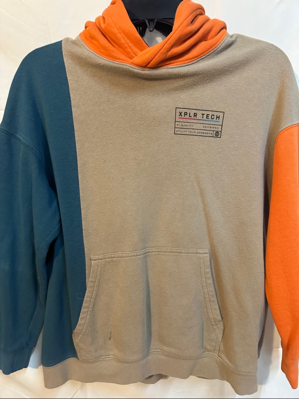H&M Colorblock Pullover Hoodie in Orange, Teal & Beige